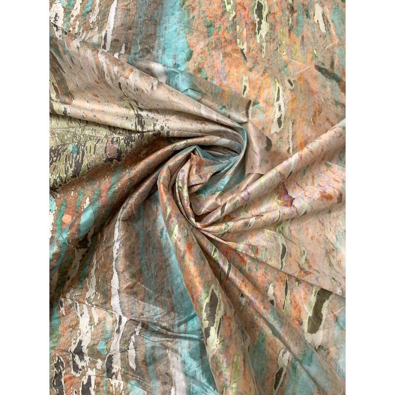 Italian Abstract Printed Lustrous Taffeta with Vertical Stretch – Greens / Aquamarine / Earth Fabric by the Yard