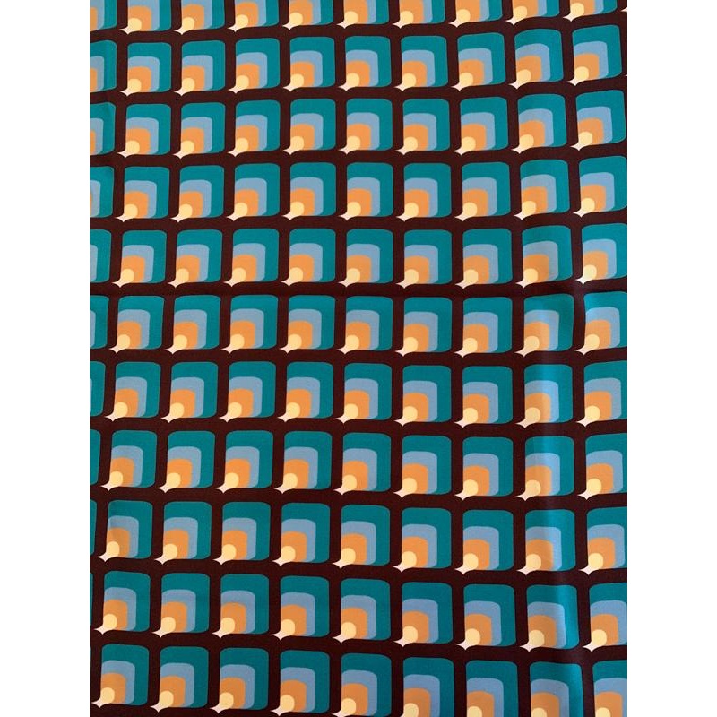 Italian Art Deco Printed Fine Silk Twill – Teal / Brown / Light Blue / Tan Fabric by the Yard