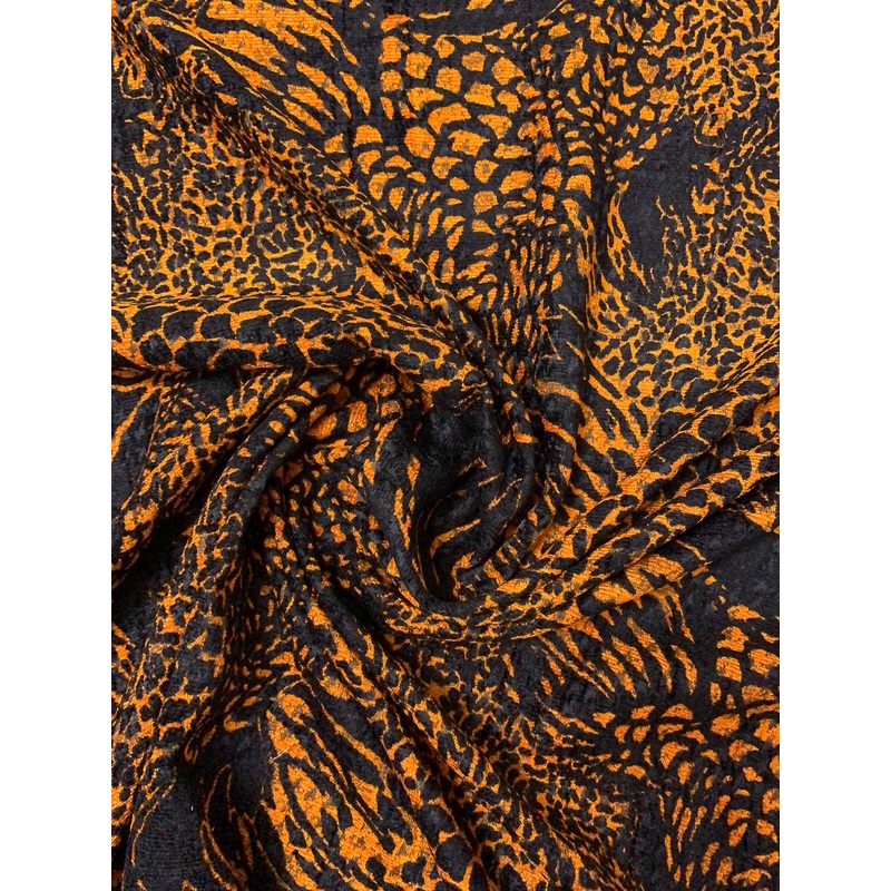 Made in Switzerland Printed Chenille Brocade-Like Suting – Pumpkin Orange / Black Fabric by the Yard