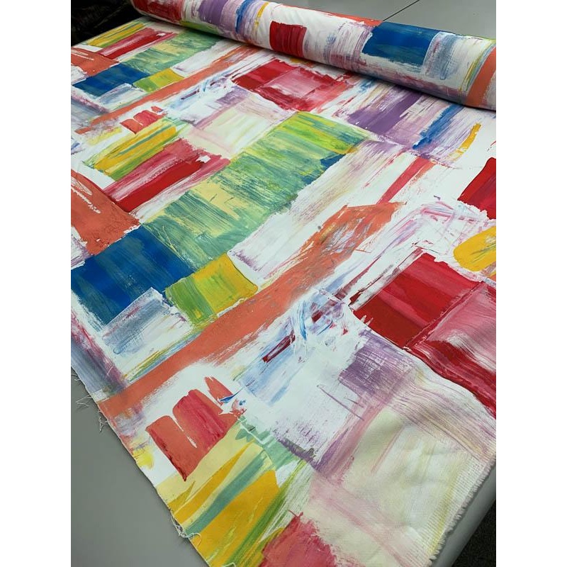Modern Abstract Brushstroke Heavy Stretch Printed Cotton Twill – Multicolor Fabric by the Yard