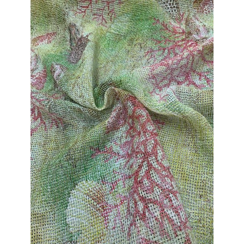 Nautical Open Weave Sparkly Printed Linen – Green / Red / Multicolor Fabric by the Yard