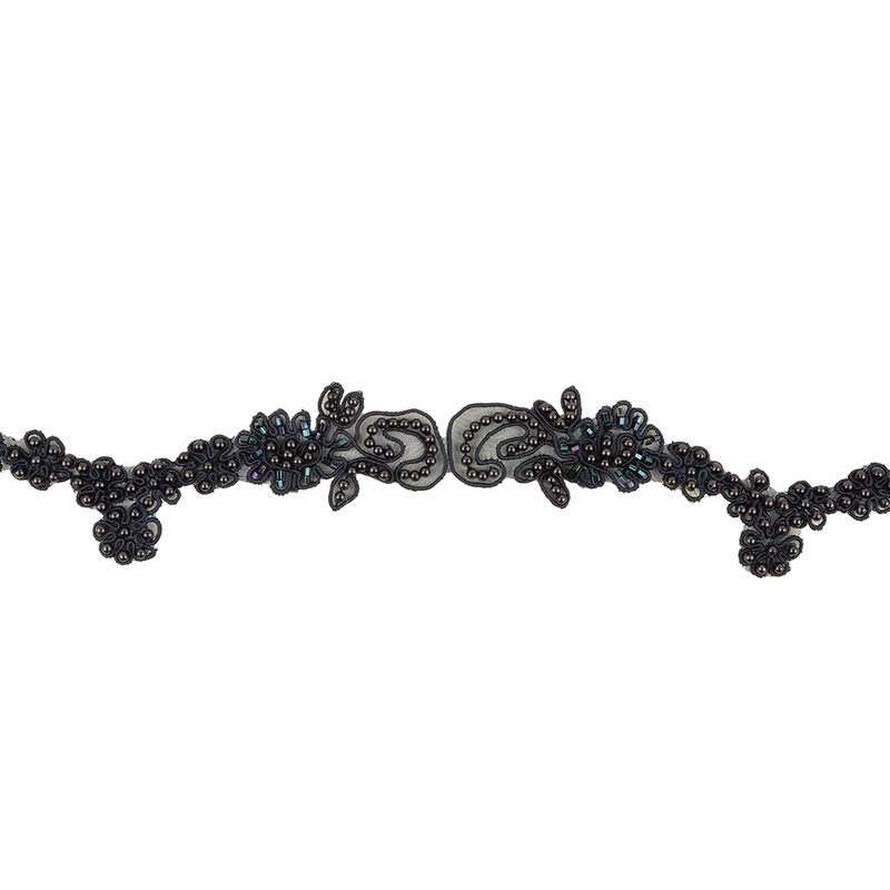 Navy and Black Iris Floral Corded and Beaded Lace Trim – 2.125″