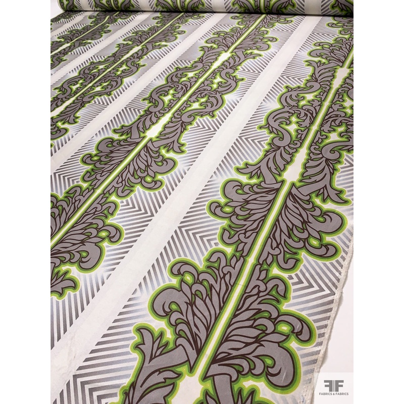 Regal and Chevron Printed Cotton-Silk Mikado – Greens / Grey / Pearl White / Taupe Fabric by the Yard