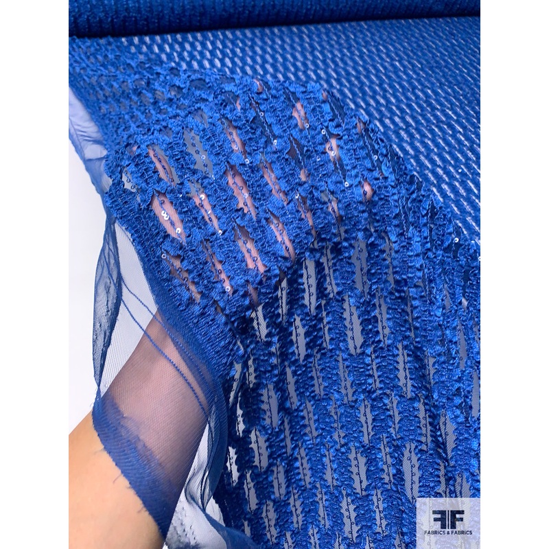 Textured Ribbon Work and Sequins on Tulle – Blue Fabric by the Yard
