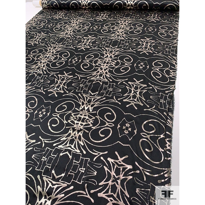 Exotic Foil Printed Stretch Silk Charmeuse – Metallic Taupe / Black Fabric by the Yard
