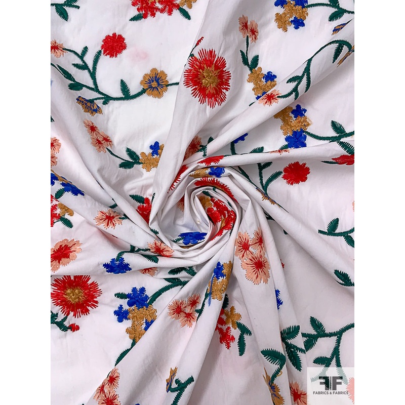 Floral Embroidered Cotton Lawn – White / Red / Blue / Evergreen / Turmeric Fabric by the Yard