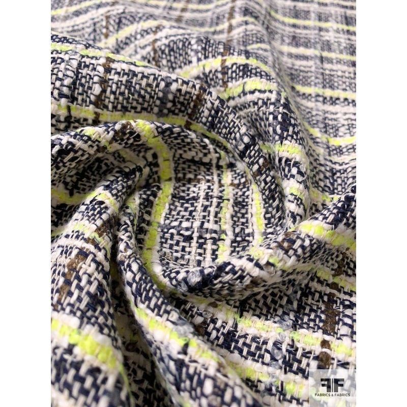 Italian Cotton Blend Spring Ladies Tweed Suiting – Navy / Off-White / Highlighter Yellow Fabric by the Yard