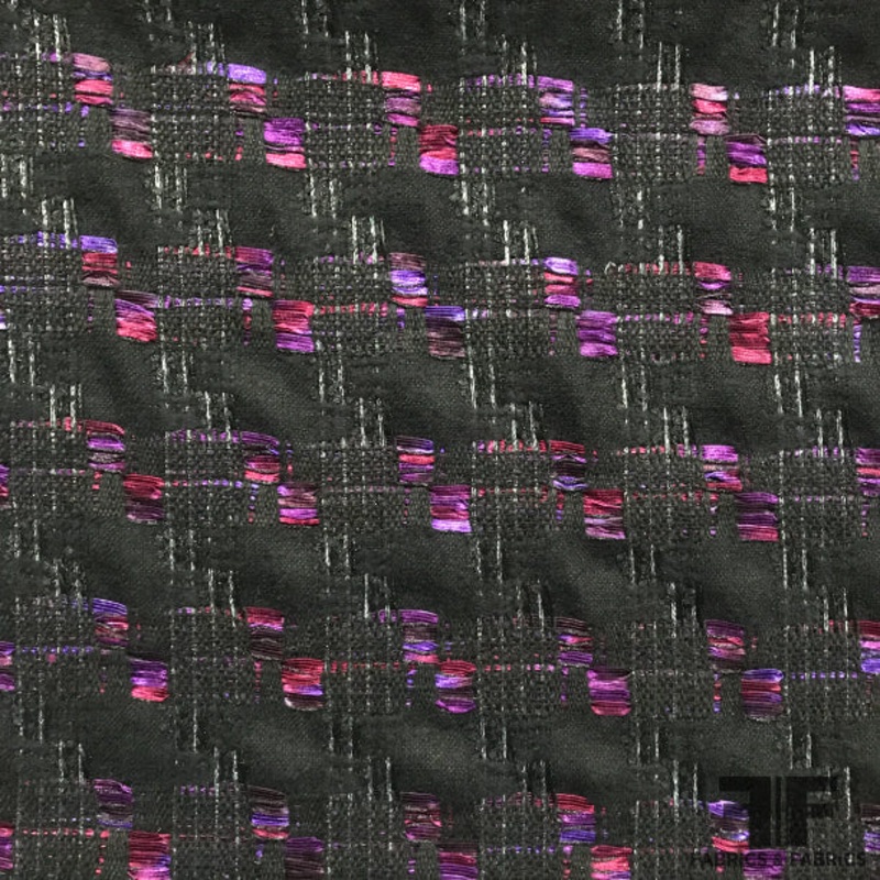 Italian Houndstooth-Like Pop Wool Tweed – Black/Pink/Purple Fabric by the Yard