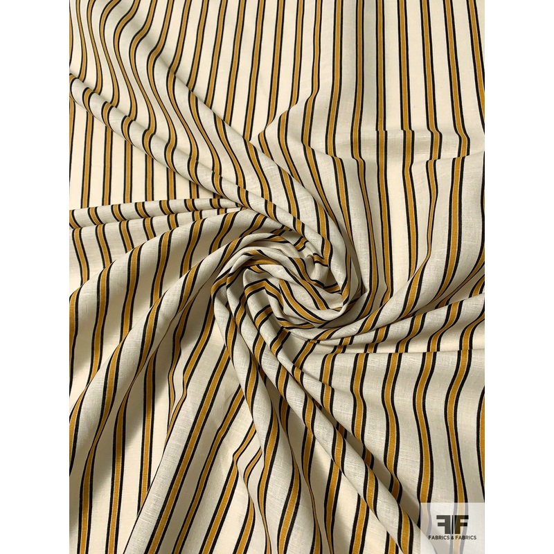 Italian Vertical Striped Printed Linen Rayon – Mustard / Navy / Ivory Fabric by the Yard