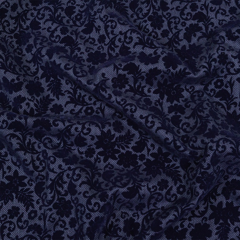 Navy Flocked Classical Florals on Diamond Cotton and Polyester Dobby
