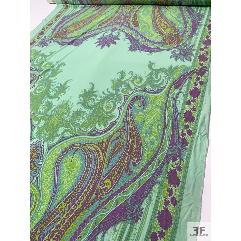 Ornate Paisley Printed Silk Jersey Knit Panel – Greens / Purples Fabric by the Panel