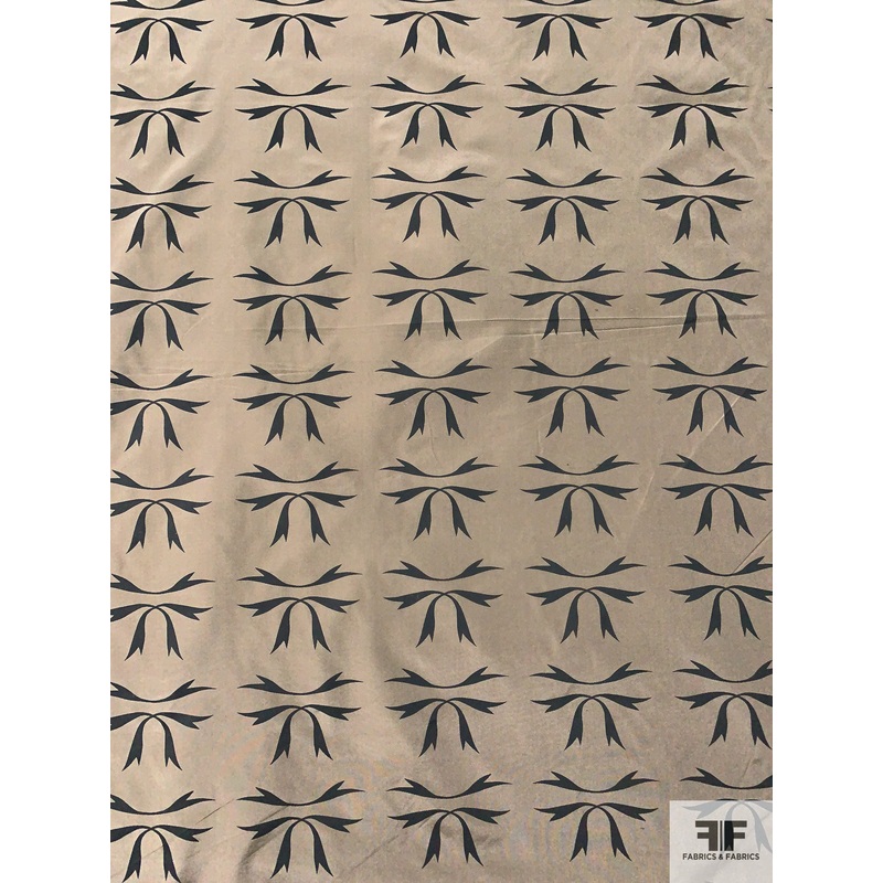 Ribbon Graphic Printed Silk Taffeta – Khaki / Midgnight Grey Fabric by the Yard
