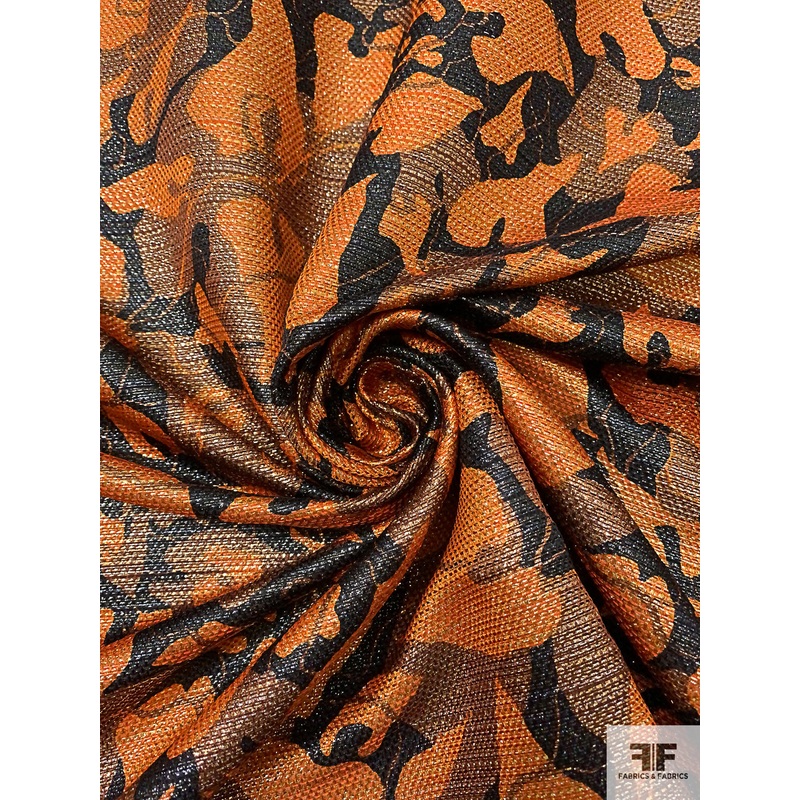 Swiss Abstract Basketweave Metallic Brocade Suiting – Orange / Gold / Black / Brown Fabric by the Yard