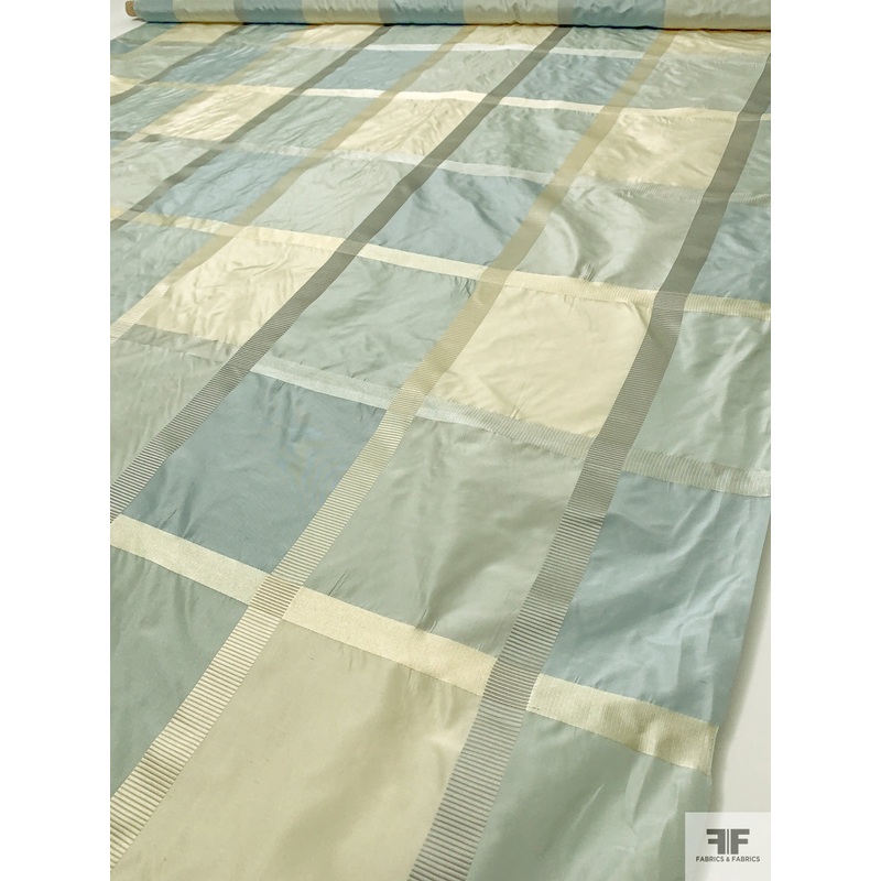Yarn-Dyed Silk Taffeta with Satin-Faille Windowpane Pattern – Sky Blue / Grey / Pearl Ivory Fabric by the Yard