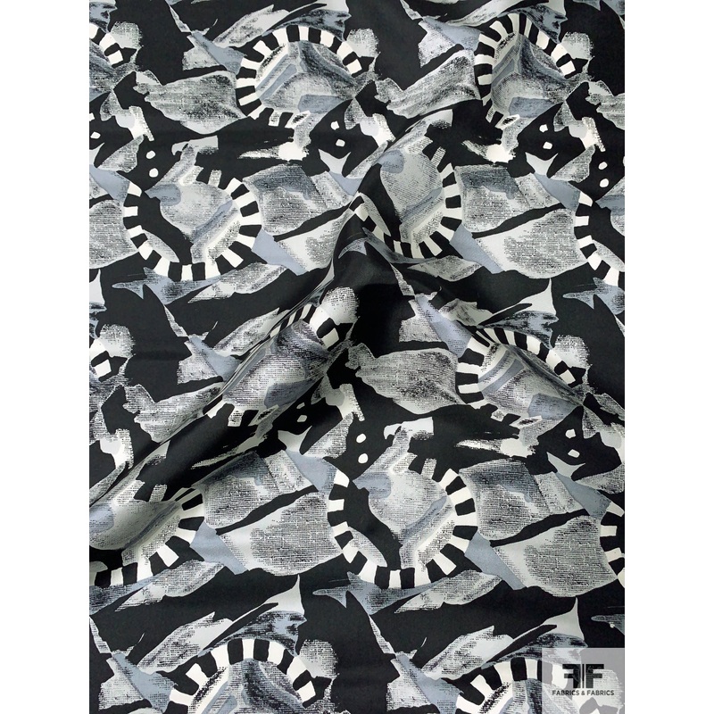 Abstract Graphic Printed Vintage Silk Twill – Grey / Black / Ivory Fabric by the Yard