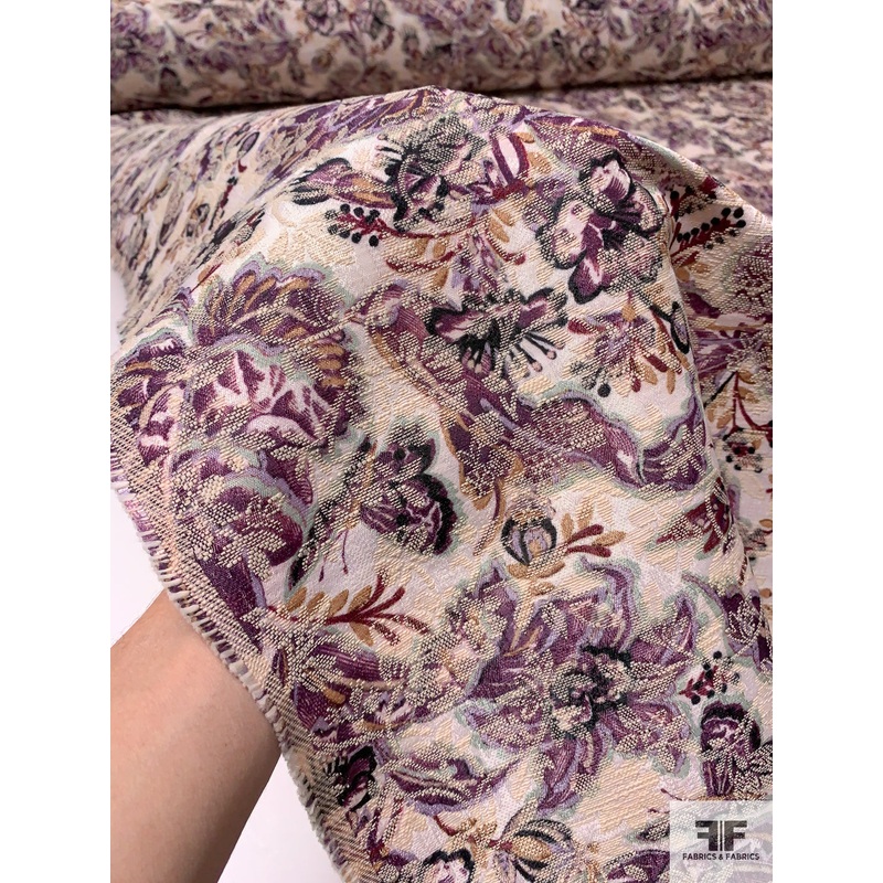 Famous NYC Designer Exotic Floral Stiff Brocade – Plum / Cream / Black Fabric by the Yard