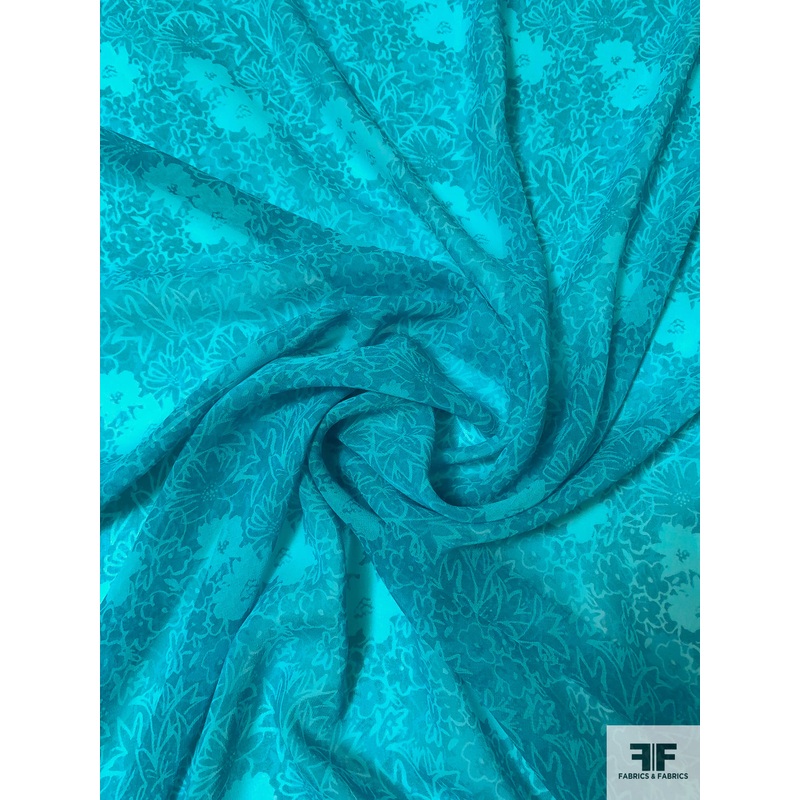 Field of Floral Printed Silk Chiffon – Turquoise-Teal Fabric by the Yard
