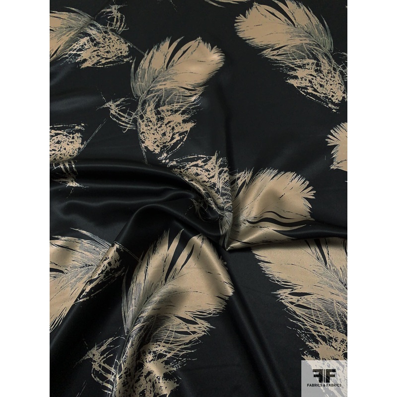 Floating Feathers Sketch Printed Silk Charmeuse – Black / Champagne Fabric by the Yard