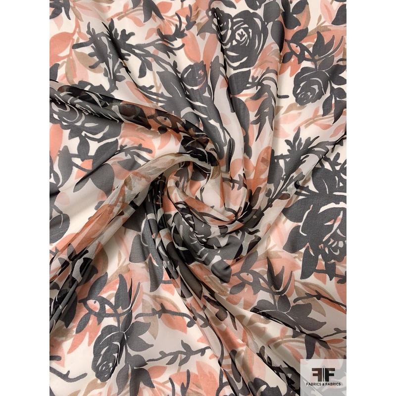 Floral and Leaf Silhouette Printed Silk Chiffon – Rusty Coral / Autumn Brown / Black / Off-White Fabric by the Yard