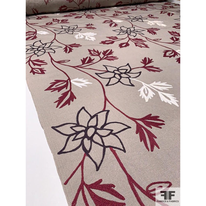 Floral Embroidered Cotton Canvas – Grey / Burgundy / Dusty Navy / Ivory Fabric by the Yard