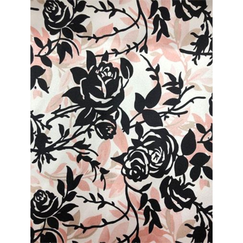 Floral Silk Charmeuse – Pink/ Black/ Ivory Fabric by the Yard