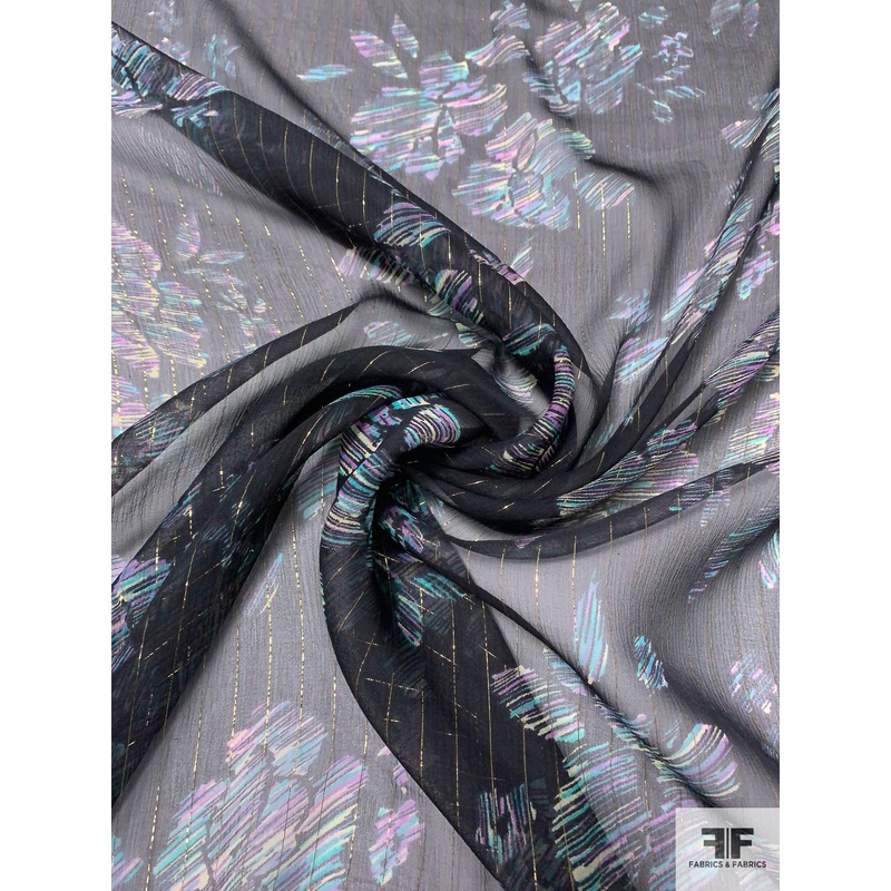 Floral Sketch Printed Silk Chiffon with Lurex Pinstripes – Black / Turquoise / Lavender / Gold Fabric by the Yard