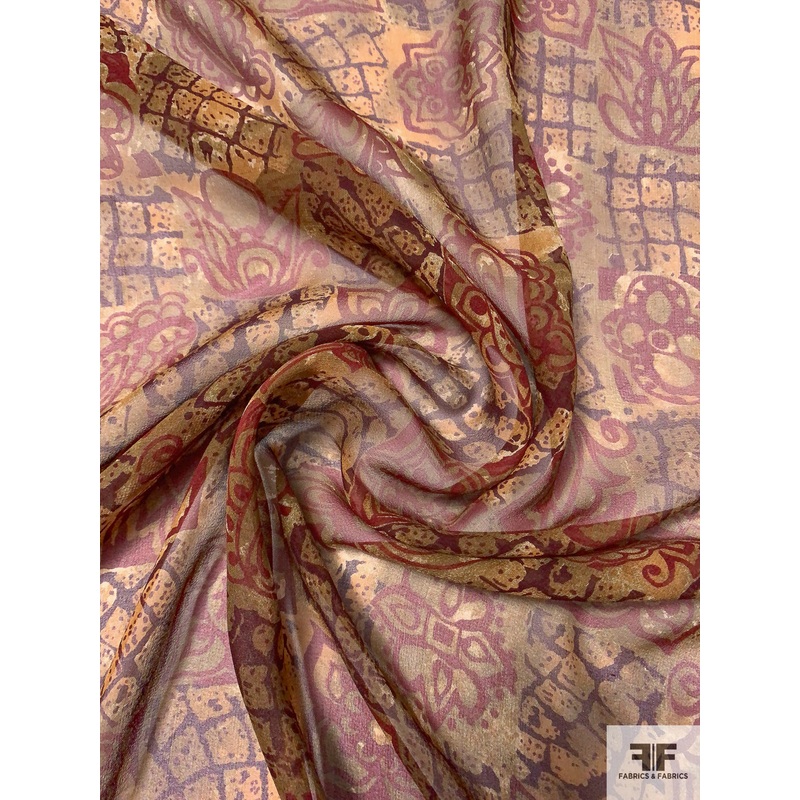 Floral Tiles Printed Silk Chiffon – Caramel / Olive / Maroon Fabric by the Yard