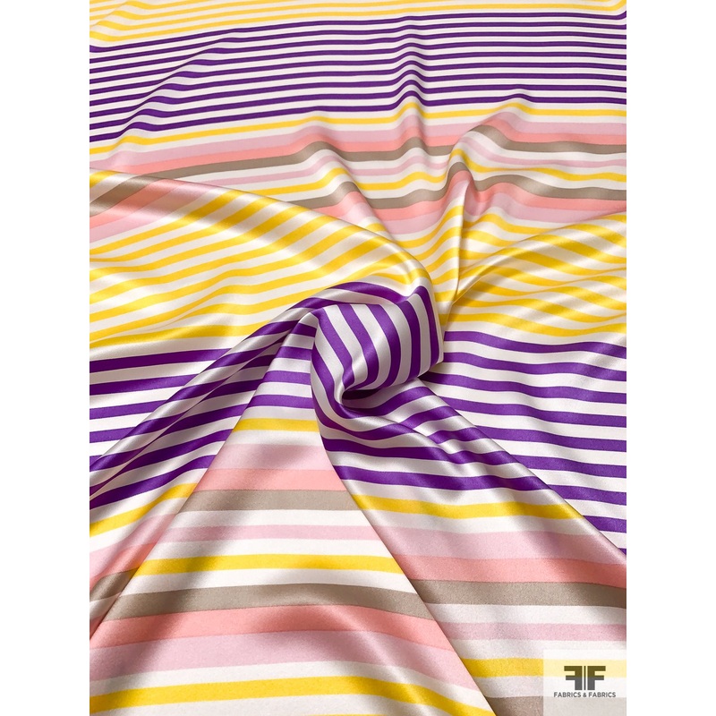 Horizontal Multi-Striped Printed Silk Charmeuse – Purple / Pinks / Yellow / Off-White Fabric by the Yard