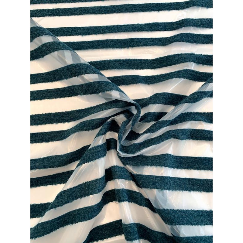 Italian Chenille Horizontal Stripes on Nylon Organza – Teal / Clear Fabric by the Yard