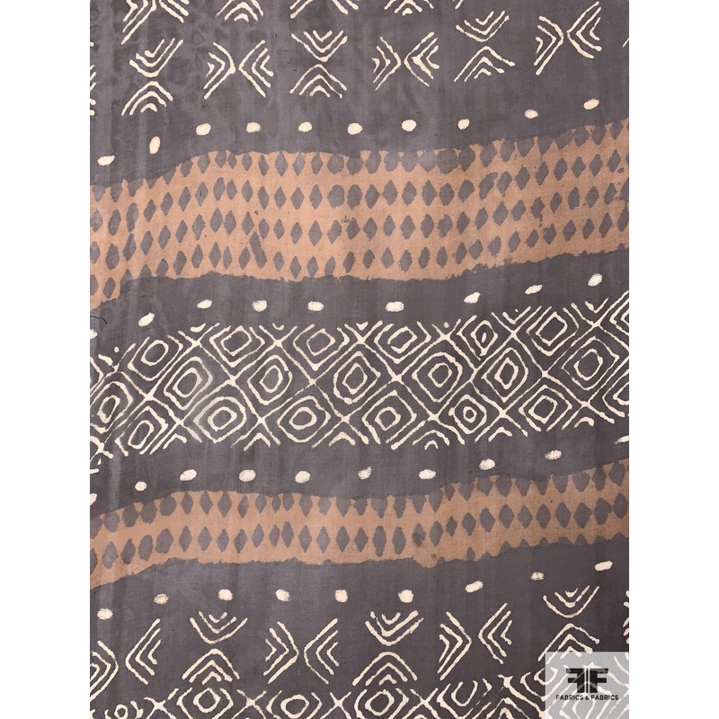 Italian Ethnic Linear Graphic Printed Silk Chiffon – Brown / Caramel / Light Cream Fabric by the Yard