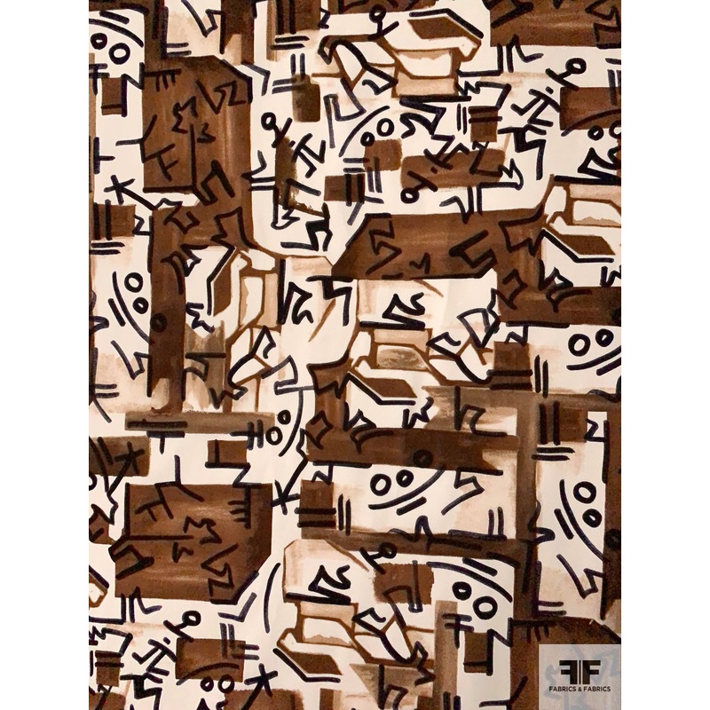 Italian Picasso-Look Printed Stretch Cotton Sateen – Brown / Black / Off-White Fabric by the Yard