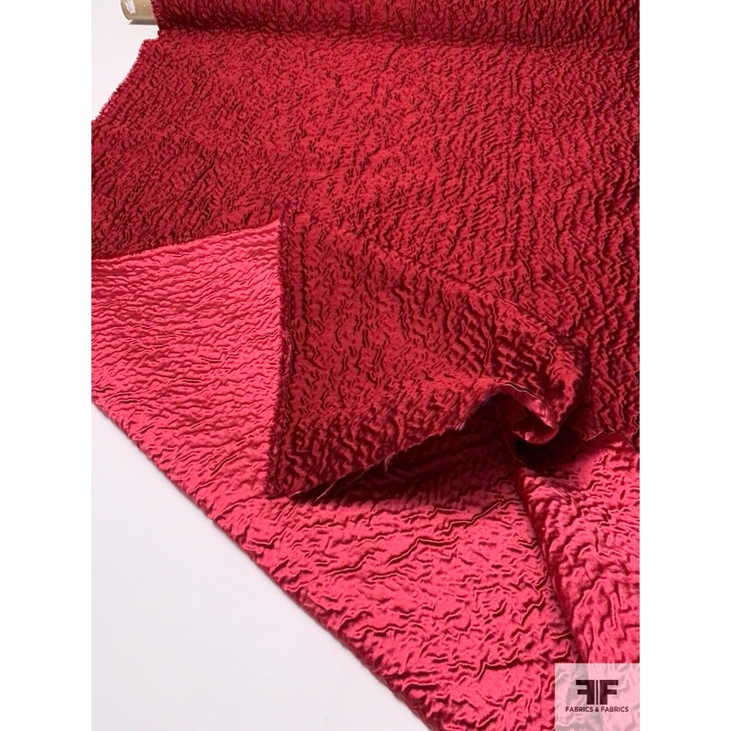 Italian Reversible Crinkle Textured Brocade – Wine Red / Deep Coral-Pink Fabric by the Yard