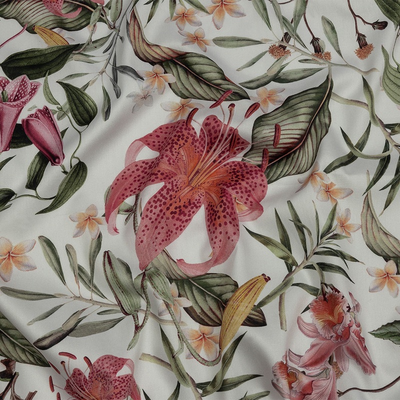 Mercerized Organic Egyptian Cotton Shirting – Green, Pink and White Tropical Flowers – Ravello Collection