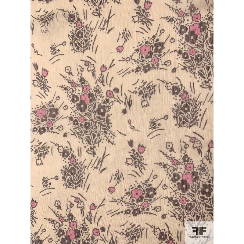 Playful Floral Printed Crinkled Silk Chiffon – Beige / Brown / Pink Fabric by the Yard