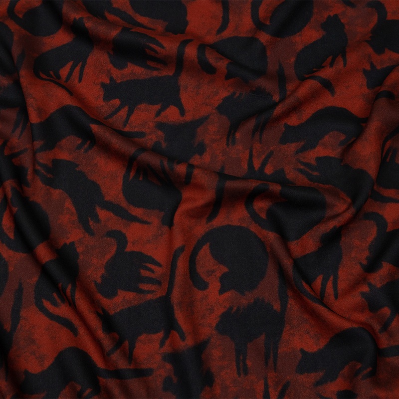 Rayon Batiste – Red and Black Cats – Black Cat Print – Mood Exclusive Nevermore Collection