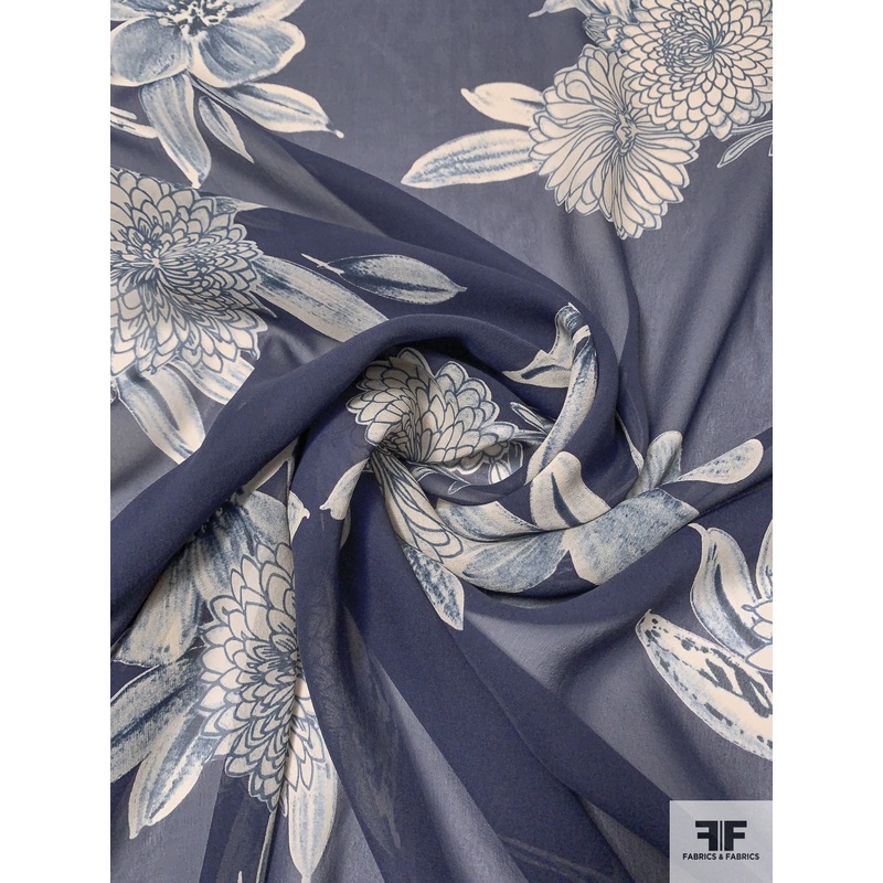 Romantic Floral Printed Silk Chiffon – Navy / Light Beige Fabric by the Yard