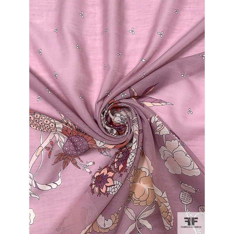 Bonsai Printed Silk-Cotton Voile Panel – Dusty Mauve / Dusty Purple / Beige Fabric by the Panel