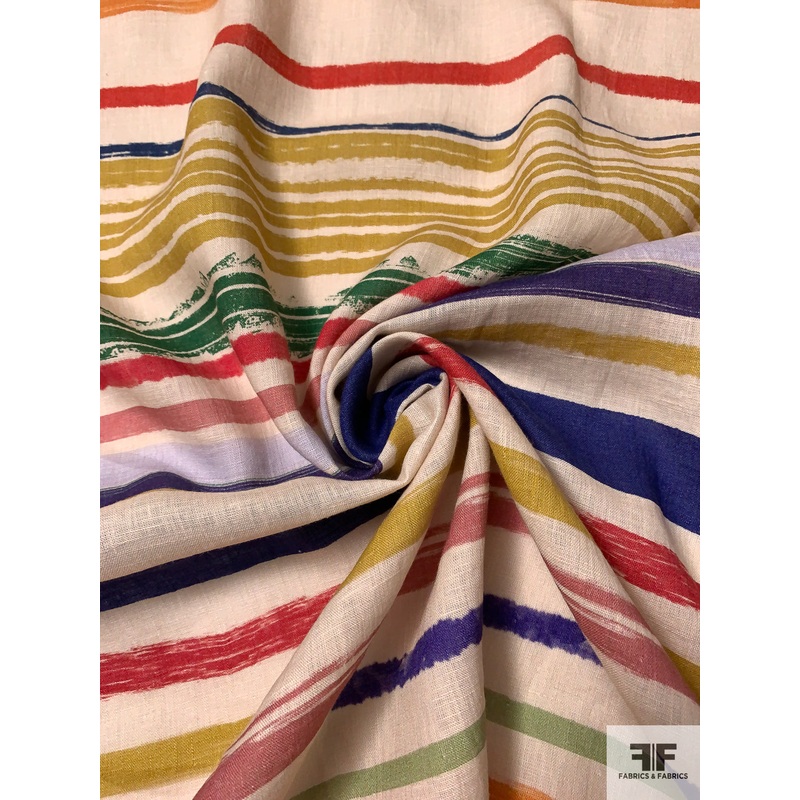 Brushstroke Striped Printed Linen – Natural / Multicolor Fabric by the Yard