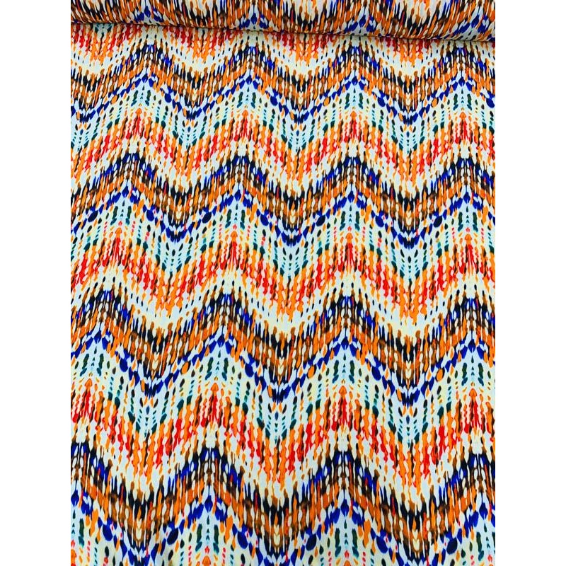 Ethnic Chevron Printed Silk Crepe de Chine – Orange / Purple / Multicolor Fabric by the Yard