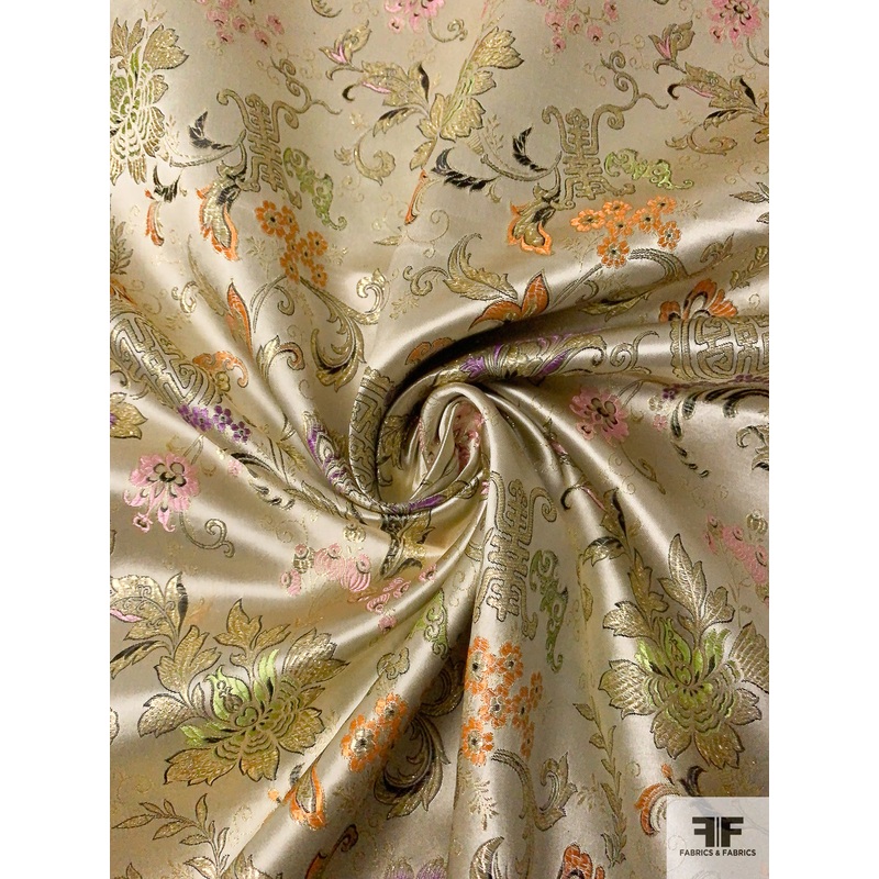 Exotic Floral Oriental Satin Jacquard Metallic Brocade – Light Gold / Gold / Lime / Black / Orange Fabric by the Yard
