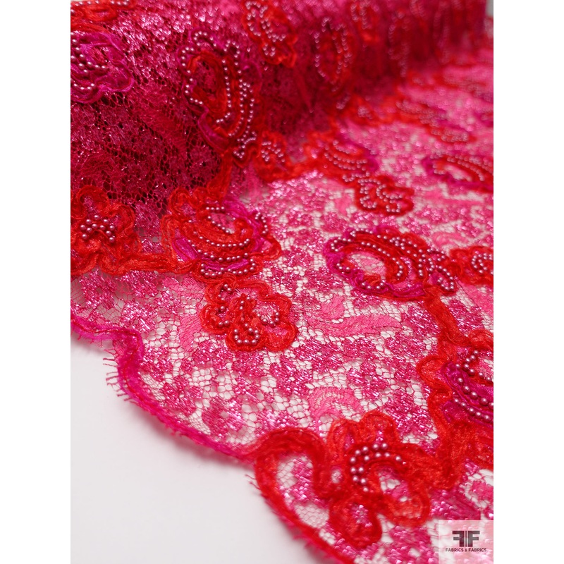French Beaded Metallic Lace with Pearls and Organza Ribbon Work – Red / Pink Fabric by the Yard