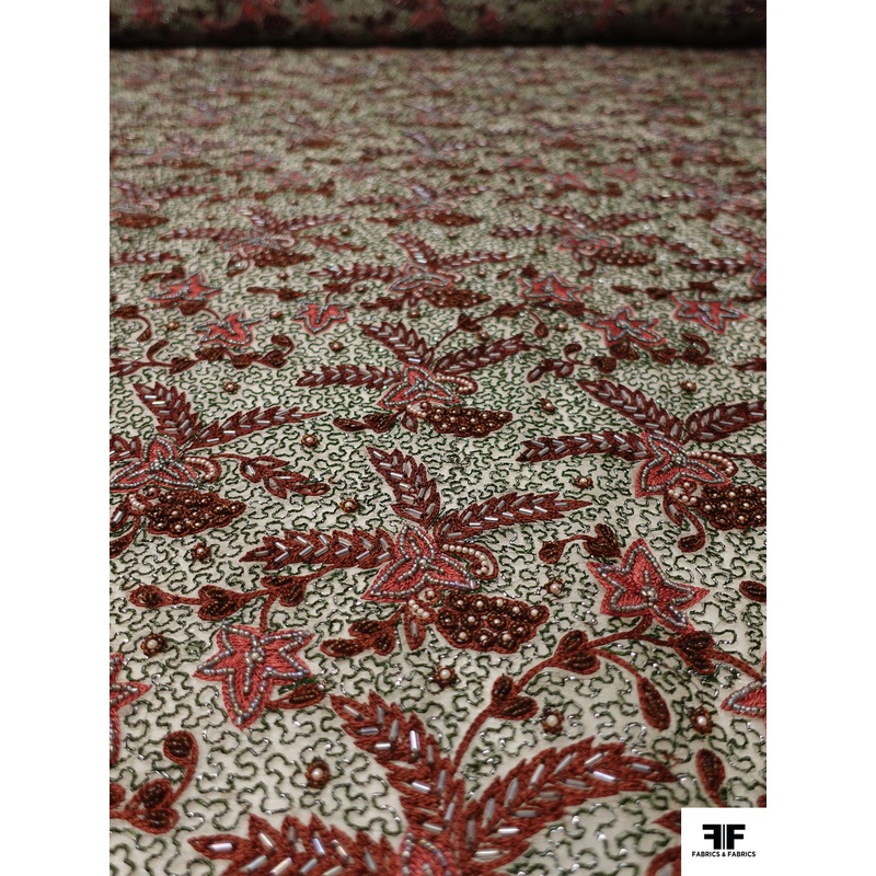 French Metallic Embroidered and Beaded Organza – Burnt Coral / Dark Green / Brown / Beige Fabric by the Yard