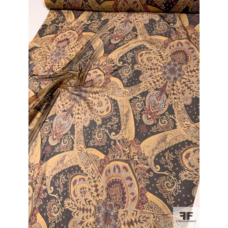 Regal Printed Silk Chiffon – Antique Gold / Black / Brown / Burgundy Fabric by the Yard