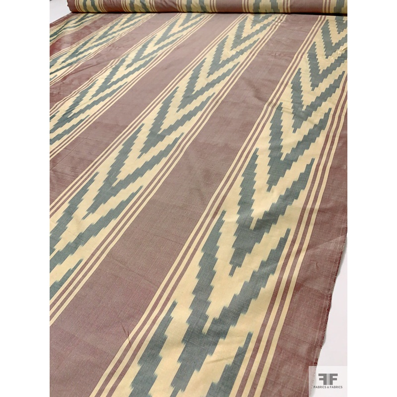 Southwestern Pattern Yarn-Dyed Silk Shantung – Dusty Teal / Burgundy / Light Eggnog Fabric by the Yard