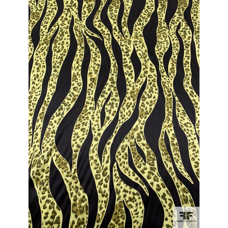 Striating Animal Printed Silk Charmeuse – Tea Green / Olive / Black Fabric by the Yard