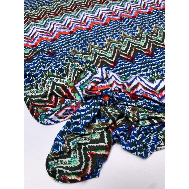 Tropical Boho Chevron Printed Rayon Spandex Jersey Knit – Green / Blue / Multi Fabric by the Yard