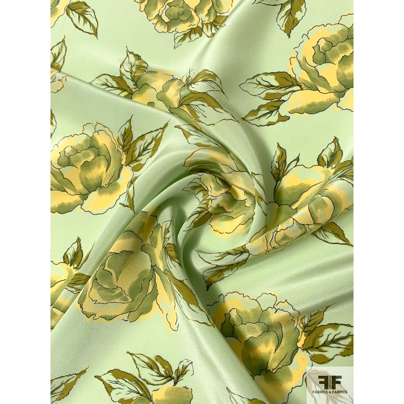 Watercolor Floral Blossoms Printed Silk Crepe de Chine – Mint / Yellow / Olive Green Fabric by the Yard