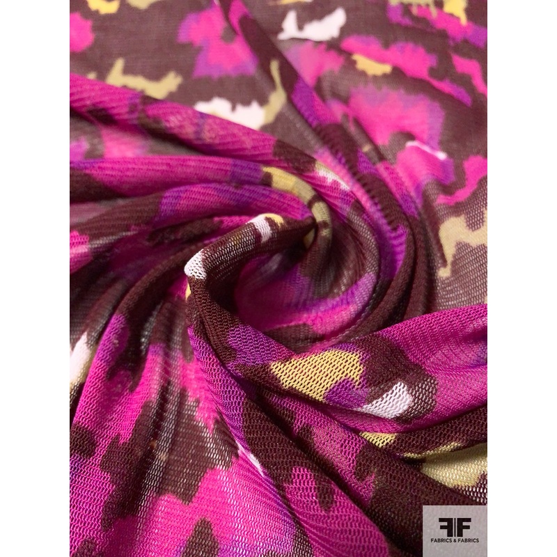 Abstract Floral Printed Stretch Tulle Panel – Plum Purple / Magenta / Butter Yellow Fabric by the Panel