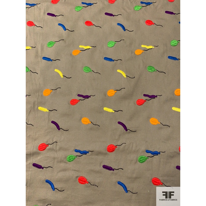 Balloons Embroidered Cotton Twill – Clay Grey / Multicolor Fabric by the Yard