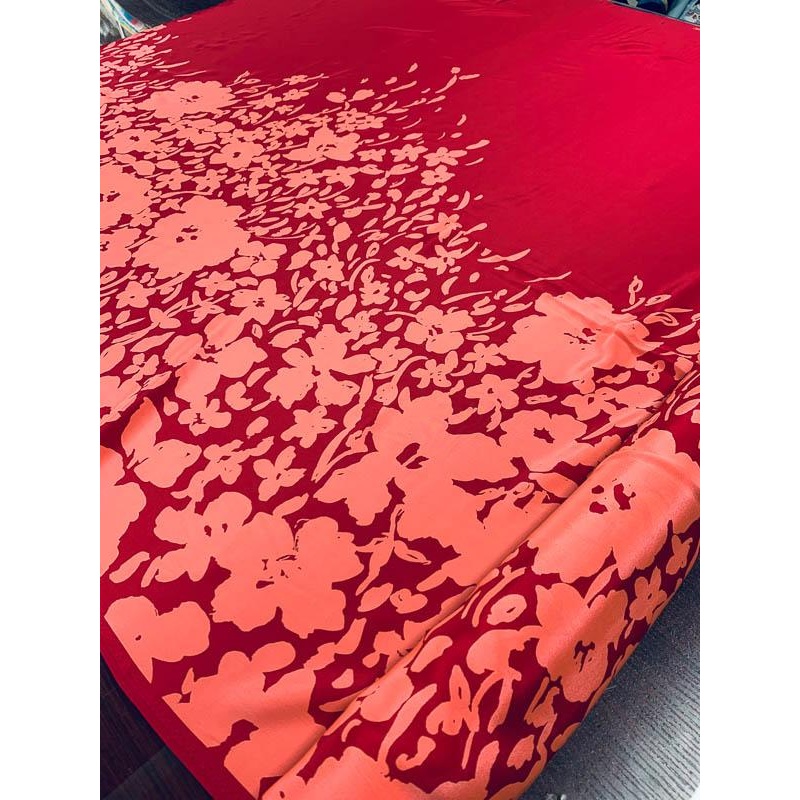 Floral Border Pattern Printed Silk Crepe de Chine – Cranberry / Salmon Pink Fabric by the Yard